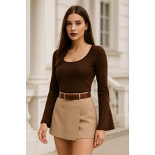 Rich Kadın Kahverengi Soft Touch Fitilli Çan Kollu Bluz