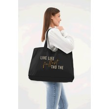 Çınar Bez Çanta Siyah 3 Çıtlı Live Life Baskılı Büyük Boy Kanvas Çanta