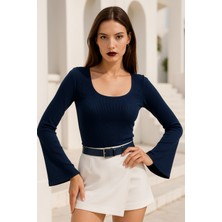 Rich Kadın Lacivert Soft Touch Fitilli Çan Kollu Bluz