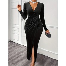 Melen Moda Kadın Uzun Kollu Kruvaze Yaka Önünden Çapraz Detaylı Uzun Kadife Elbise