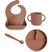 Meleni Baby 4'lü Silikon Beslenme Seti - Bebek Mama Önlüğü, Mama Kaşığı, Kulplu Bardak, Vakumlu Tabak Kahverengi