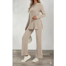 Melen Moda Kadın Uzun Kollu Bisiklet Yaka Yandan Yırtmaçlı Şardonlu Kaşkorse Bluz ve Pantolon Ikili Takım