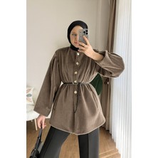 RFK Butik Kadın Düğme Detaylı Kemerli Yeni Sezon Tay Tüyü Ceket - Kestane