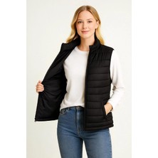 Rawea Fashion Kadın Şişme Fermuarlı Yelek Su Itici Kapitone Astarlı Kumaş Cepli Hafif Kışlık Spor Rahat Kalıp - Siyah