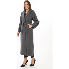 Rawea Fashion Kadın Uzun Kaşe Kaban – Yünlü Dokuma Kaşmir Kumaş, Kruvaze Yaka, Kuşaklı Astarlı Tesettür Uyumlu Şık Kışlık Siyah Model - Füme