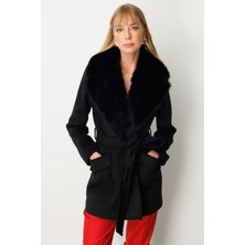 Ekol Kadın Yakası Kürklü Beli Kuşaklı Kaban 6079 Siyah