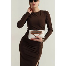 Clodi Premium Dokulu Lüks Kadın El Çantası - Günlük Şık Kombin & Özel Gün El Portföyü - Krem/Taba