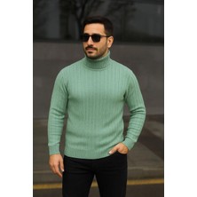 Rawea Fashion Erkek Balıkcı Yaka Bağazlı Triko Kazak Pamuklu Kalın Fitilli Dokuma, Regular Fit Uzun Kollu Kışlık Model - Mint Yeşili
