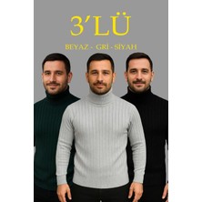 Rawea Fashion Erkek Fitilli Triko Kazak 3'lü Set Gri Haki Siyah Regular Balıkcı Yaka Tam Boğazlı Triko Seti Modeli Kazak