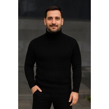 Rawea Fashion Erkek Balıkcı Yaka Bağazlı Triko Kazak Pamuklu Kalın Fitilli Dokuma, Regular Fit Uzun Kollu Kışlık Model - Siyah