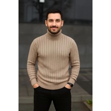 Rawea Fashion Erkek Balıkcı Yaka Bağazlı Triko Kazak Pamuklu Kalın Fitilli Dokuma, Regular Fit Uzun Kollu Kışlık Model - Bej