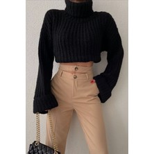 Qaju Kadın Crop Balıkçı Yaka Dokulu Triko Kazak-Siyah