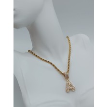 Lagül Aksesuar 316L Çelik Kararmaz Suya Dayanıklı Kalın Burgu Zincirli Gold Taşlı Harf Kolye D Harfi