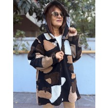 Denizege Butik Italyan Kapüşonlu Keçe Kaban Dama Motif