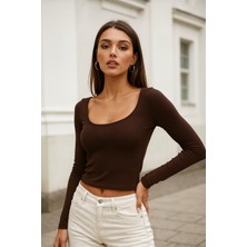 Rich Kadın Kahverengi Soft Touch Fitilli Uzun Kollu Bluz