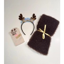 Hediye Seti / Özel Kutulu El Örgüsü  Kahverengi Yumuşak Atkı,  Çorap ve Yılbaşı Tacı