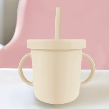 Meleni Baby Sızdırmaz Kapaklı , Silikon Pipetli Bebek Alıştırma Bardağı, Silikon Bebek Beslenme Bardağı-Bej