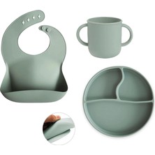 Meleni Baby 3'lü Silikon Beslenme Seti - Silikon Mama Önlüğü, Vakumlu Tabak, Kulplu Bardak - Yeşil