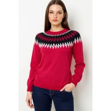 Desen Triko Kadın Sıfır Yaka Robası Baklavalı Yün Kazak 25218 K.kırmızı