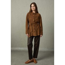 Mezzura Kadın Belden Bağlamalı Süet Tunik 1513 Kahverengi