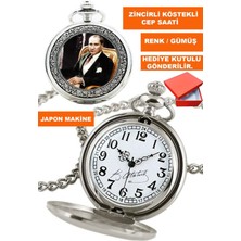  kemal atatürk görsel ve ımzalı gümüş renk zincirli köstekli cep saati acs-g3