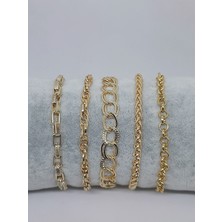 Kusakli 5'li Gold Altın Rengi Zincir Bileklik Seti