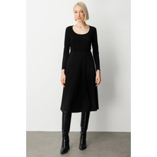 Ekol Kadın Beli Lastikli Volanlı Midi Etek 2023 Siyah