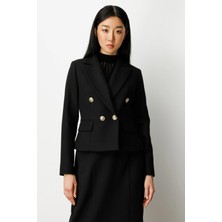 Ekol Kadın Kruvaze Yaka Kaşe Ceket 5073 Siyah