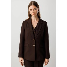 Ekol Kadın Büyük Beden Omzu Vatkalı Kapak Cepli Ceket 5529 Kahverengi