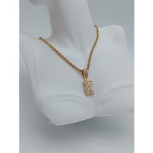 Lagül Aksesuar 316L Çelik Kararmaz Suya Dayanıklı Kalın Burgu Zincirli Gold Taşlı Harf Kolye K Harfi