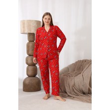 Seboteks Boydan Düğmeli Yılbaşı Temalı Süet Kumaş Büyük Beden Kadın Pijama Takımı 515