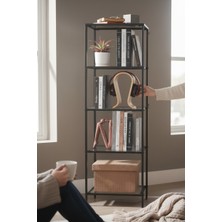 Modern 5 Katlı Siyah Renk Metal Iskeletli Şeffaf Cam Raflı Kitaplık Aksesuar Rafı