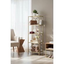 Modern 5 Katlı Gold Renk Metal Iskeletli Şeffaf Cam Raflı Kitaplık Aksesuar Rafı