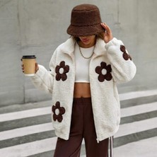 Minshe Kahverengi Çiçekli Peluş Mont