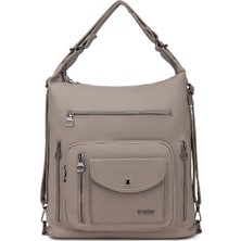 Hüvendo Barcelona Çok Cepli Günlük  Ayarlanabilir Askılı Büyük Boy Kadın Omuz ve Sırt Çantası Açık Vizon