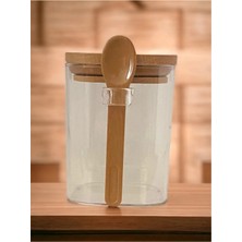 Kare Bambu Kapaklı Kaşıklı Kristal Plastik Baharat Saklama Kabı 500ML ( 1 Adet ) ROYALEKS-HS501