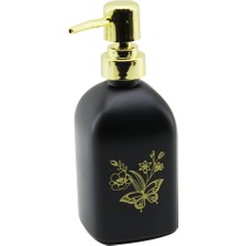 Timion Cam Kare - Siyah Şişe--Sarı Kelebek-Çiçek Desen Sıvı Sabunluk 400ML Gold Plastik Pompa (5148)