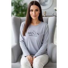 Gri Moon Desenli Uzun Kollu Bambu Örme Kadın Pijama Takımı