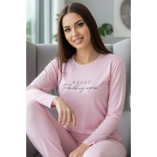 Pijama Evi Açık Pembe Ready Desenli Uzun Kollu Dublin Örme Kadın Pijama Takımı