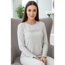 Pijama Evi Açık Gri Liebling Desenli Uzun Kollu Dublin Örme Kadın Pijama Takımı