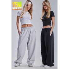 Vladivosto Tesettür Ekstra Bol Süper Yüksek Bel Gri Siyah Baggy Oversize Büyük Beden Paçası Lastik