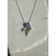 Çelik Takı Kadın Rengarenk Charmlı Zirkon Taşlı Gümüş Renk Kararmaz Paslanmaz Çelik Dondurma Kolye