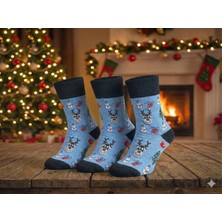 Biricik İç Giyim Yeni Yıl, Yılbaşı, Noel, Geyikli, Kardan Adamlı, Mavi Kadın Desenli Çorap  3 Lü Paket (3 Adet)