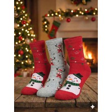 Biricik İç Giyim 🧦 Yeni Yıl, Yılbaşı, Noel, Kırmızı Gri Renk Çoraplar, Geyikli Desenli Soket Çorap 3 Lü Paket (3 Adet)
