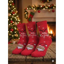 Biricik İç Giyim 🧦 Yeni Yıl, Yılbaşı, Noel, Kırmızı Gri Renk Çoraplar, Geyikli Desenli Soket Çorap 3 Lü Paket (3 Adet)