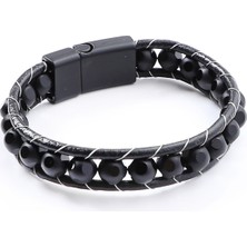 Desenli Oniks Doğaltaşlı Deri Bileklik