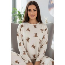 Beige Teddy Desenli Uzun Kollu Bambu Örme Kadın Pijama Takımı