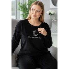 Siyah Bloom Desenli Exclusive Battal Büyük Beden Kadife Kadın Pijama Takımı 