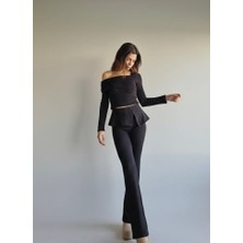 MLSS Fashion Kadın Tek Omuz Alt Üst Takım Crop Peplum Pantolon Şık