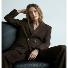 Kadın Çift Düğmeli Çizgili Blazer Ceket